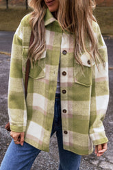Pocketed Plaid Collared Neck Jackets Sage OutfitFlow